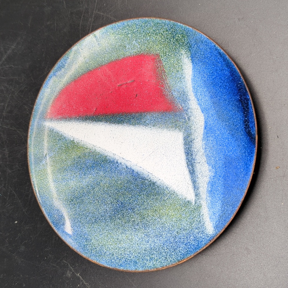 Vintage enamel on copper sailboat water scene trinket dish